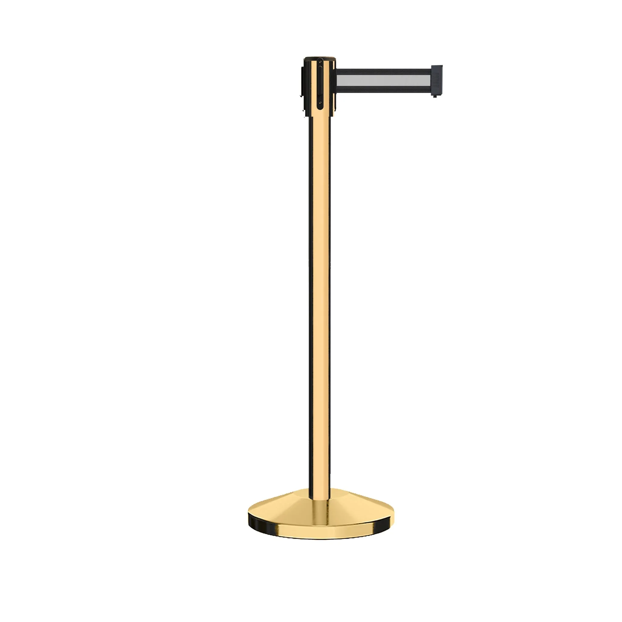 Retractable Belt Barrier Stanchion, Sloped Base, Polished Brass Post, 11 ft Belt - Montour Line M530