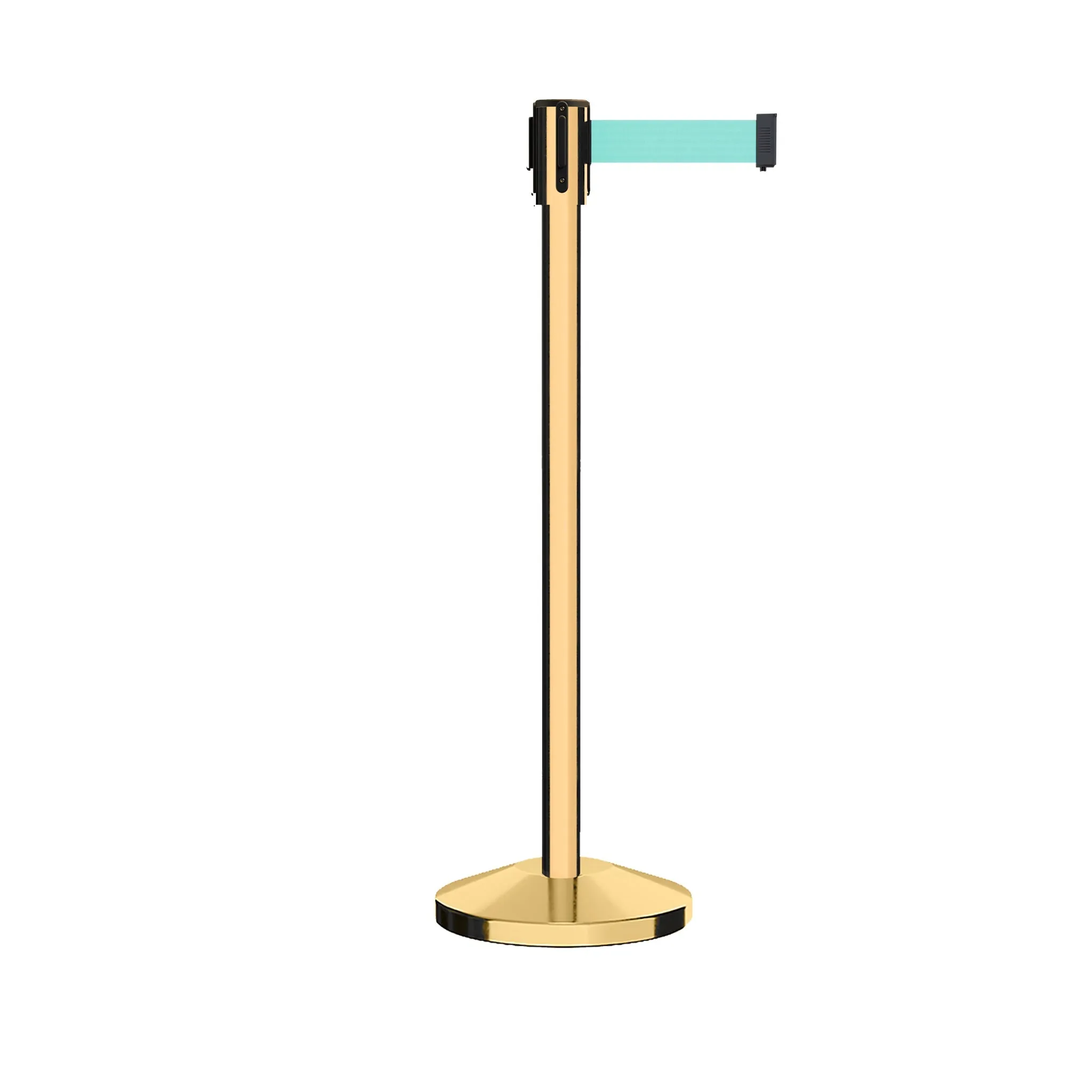 Retractable Belt Barrier Stanchion, Sloped Base, Polished Brass Post, 11 ft Belt - Montour Line M530