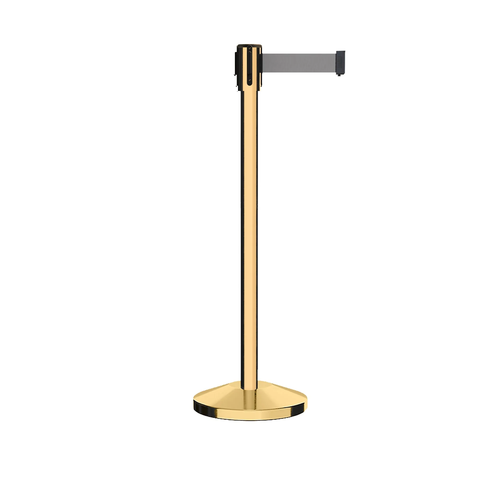 Retractable Belt Barrier Stanchion, Sloped Base, Polished Brass Post, 11 ft Belt - Montour Line M530