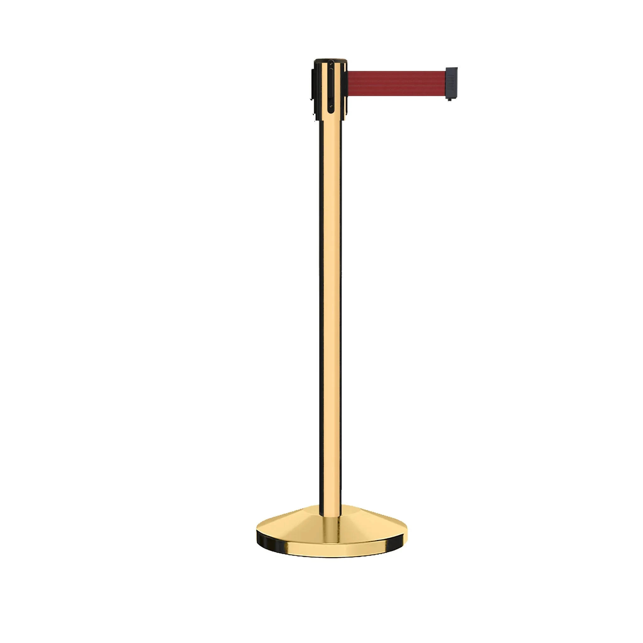 Retractable Belt Barrier Stanchion, Sloped Base, Polished Brass Post, 11 ft Belt - Montour Line M530