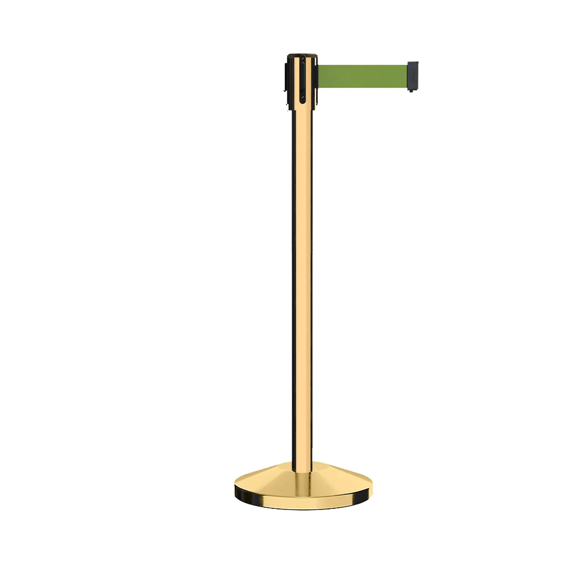 Retractable Belt Barrier Stanchion, Sloped Base, Polished Brass Post, 11 ft Belt - Montour Line M530