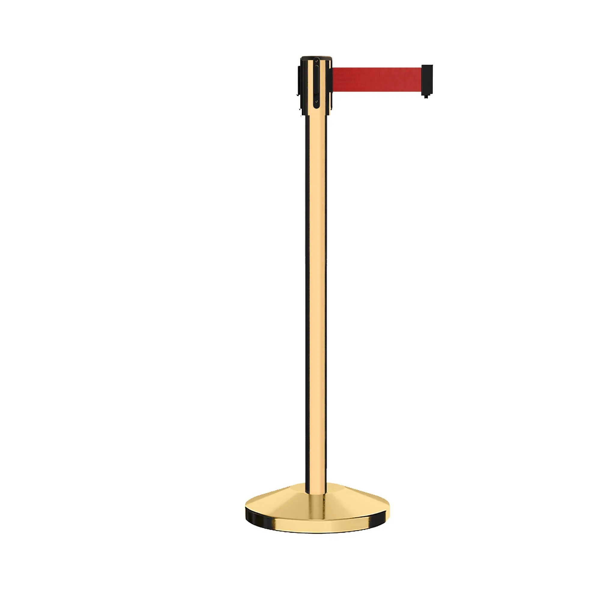 Retractable Belt Barrier Stanchion, Sloped Base, Polished Brass Post, 11 ft Belt - Montour Line M530