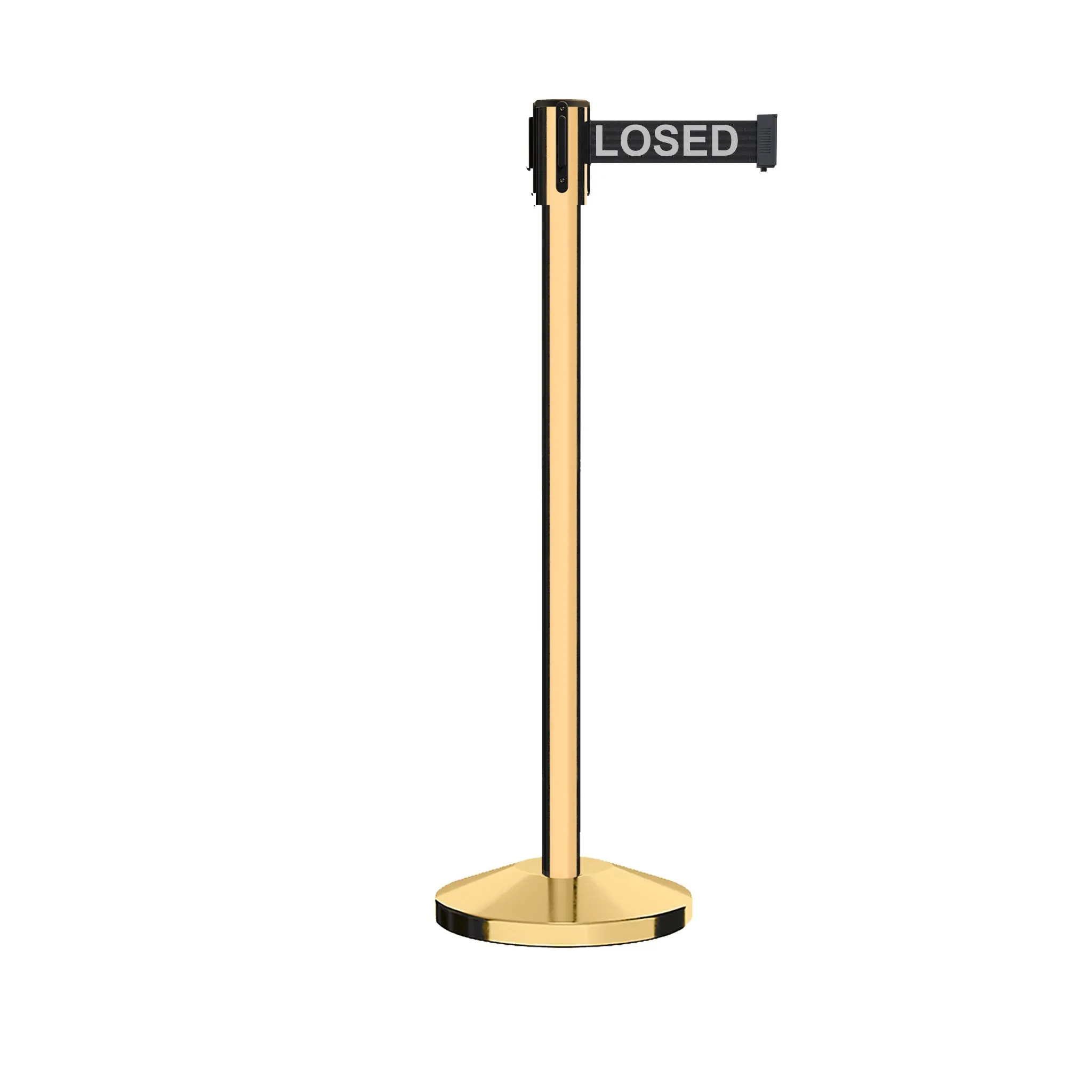 Retractable Belt Barrier Stanchion, Sloped Base, Polished Brass Post, 11 ft Belt - Montour Line M530