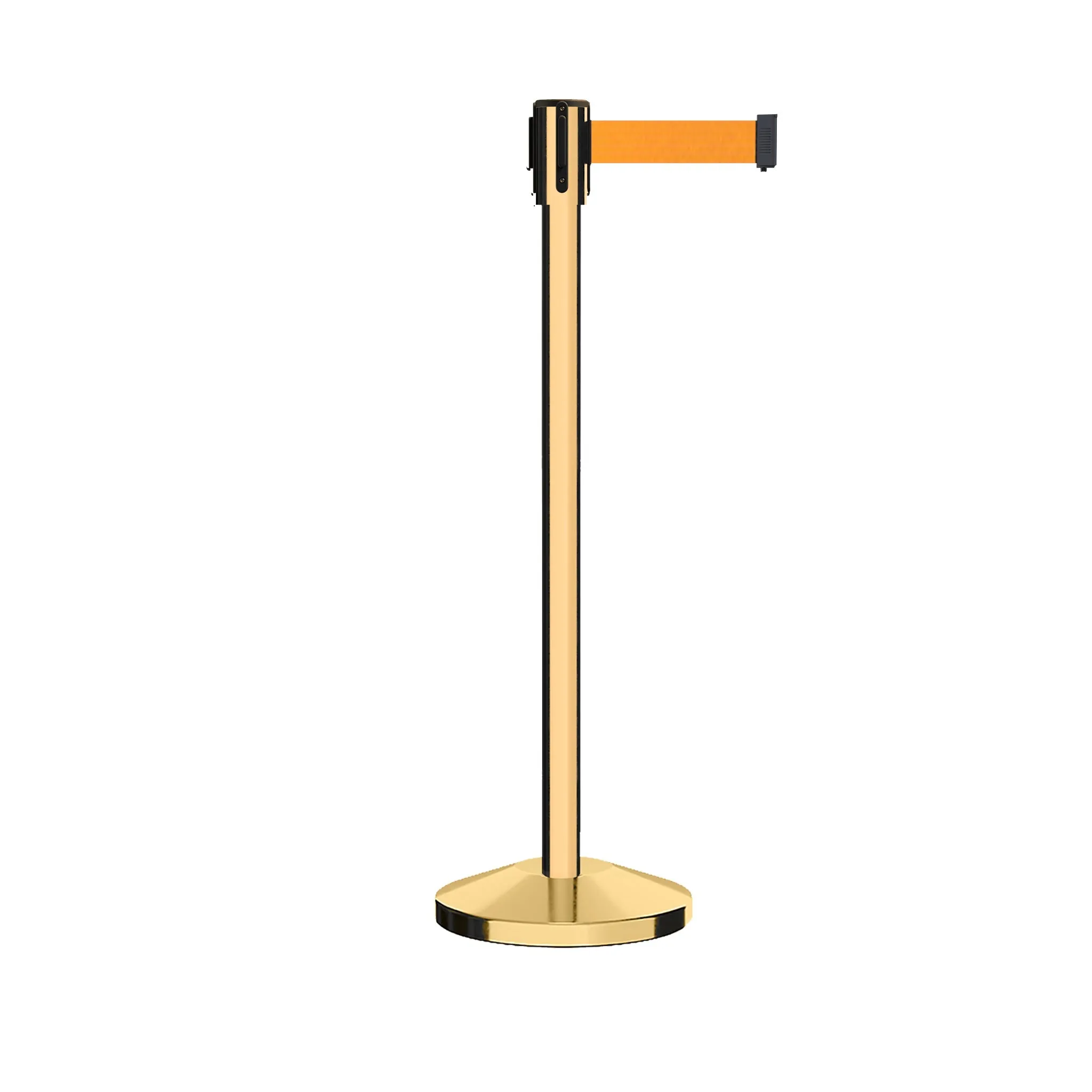 Retractable Belt Barrier Stanchion, Sloped Base, Polished Brass Post, 11 ft Belt - Montour Line M530