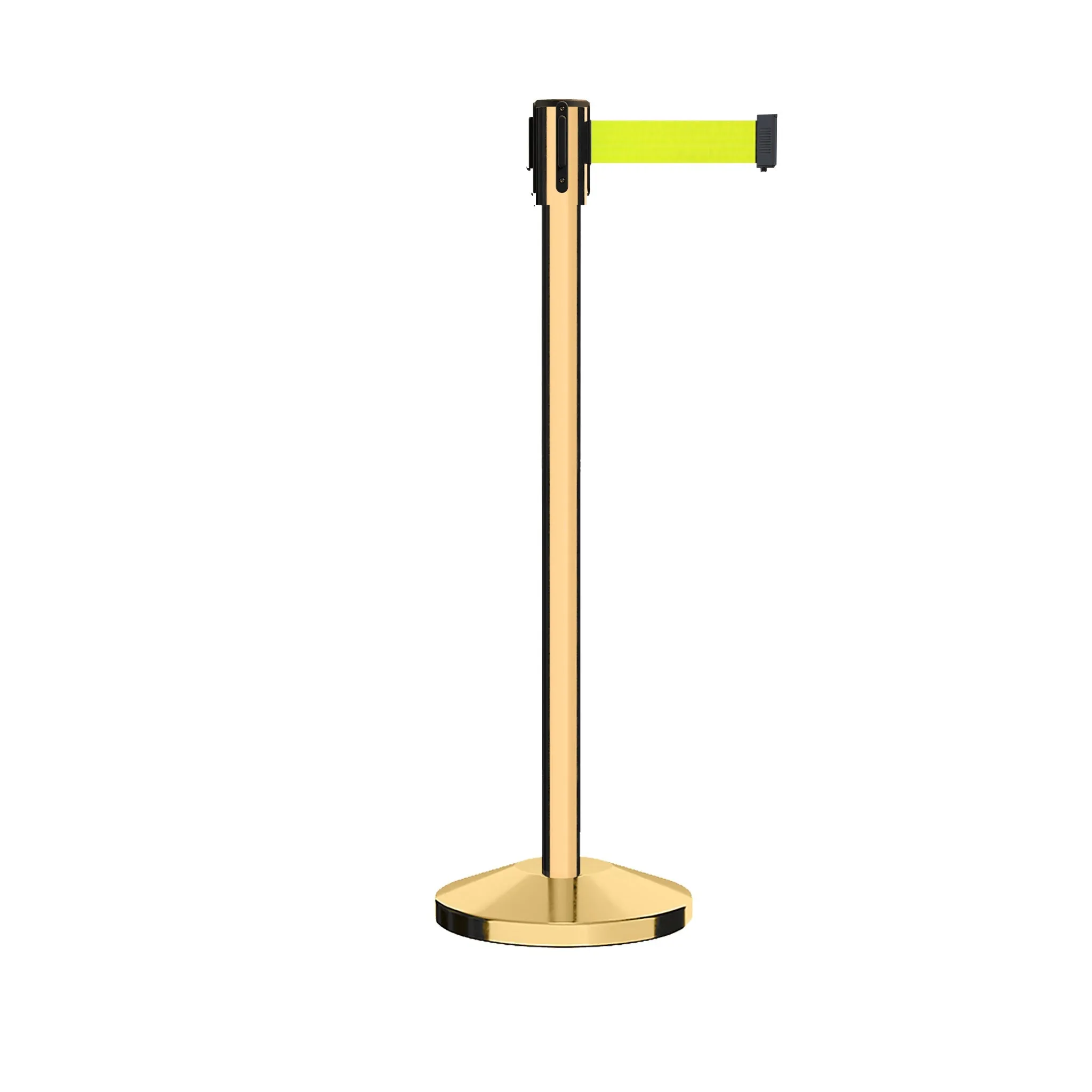 Retractable Belt Barrier Stanchion, Sloped Base, Polished Brass Post, 11 ft Belt - Montour Line M530