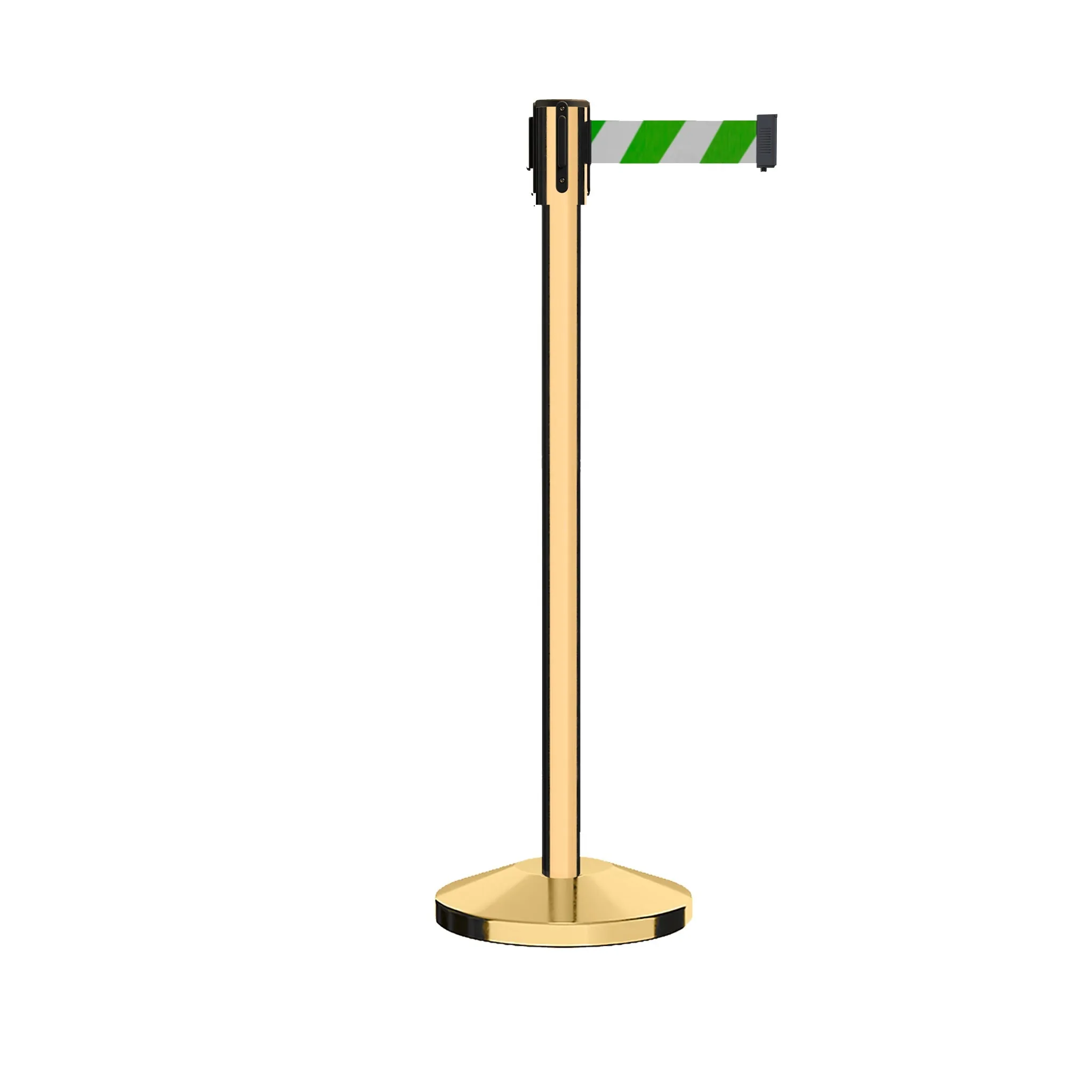 Retractable Belt Barrier Stanchion, Sloped Base, Polished Brass Post, 11 ft Belt - Montour Line M530