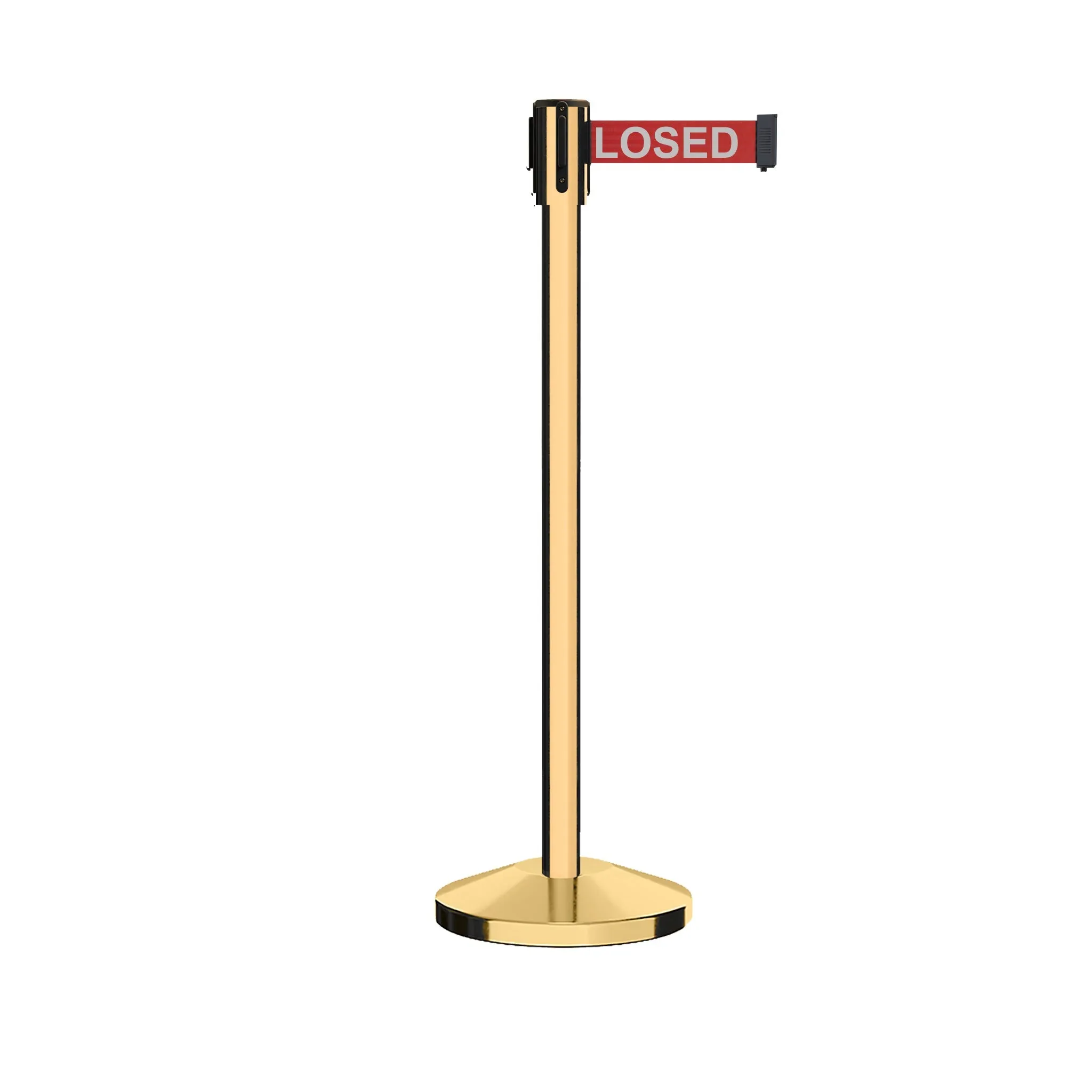 Retractable Belt Barrier Stanchion, Sloped Base, Polished Brass Post, 11 ft Belt - Montour Line M530