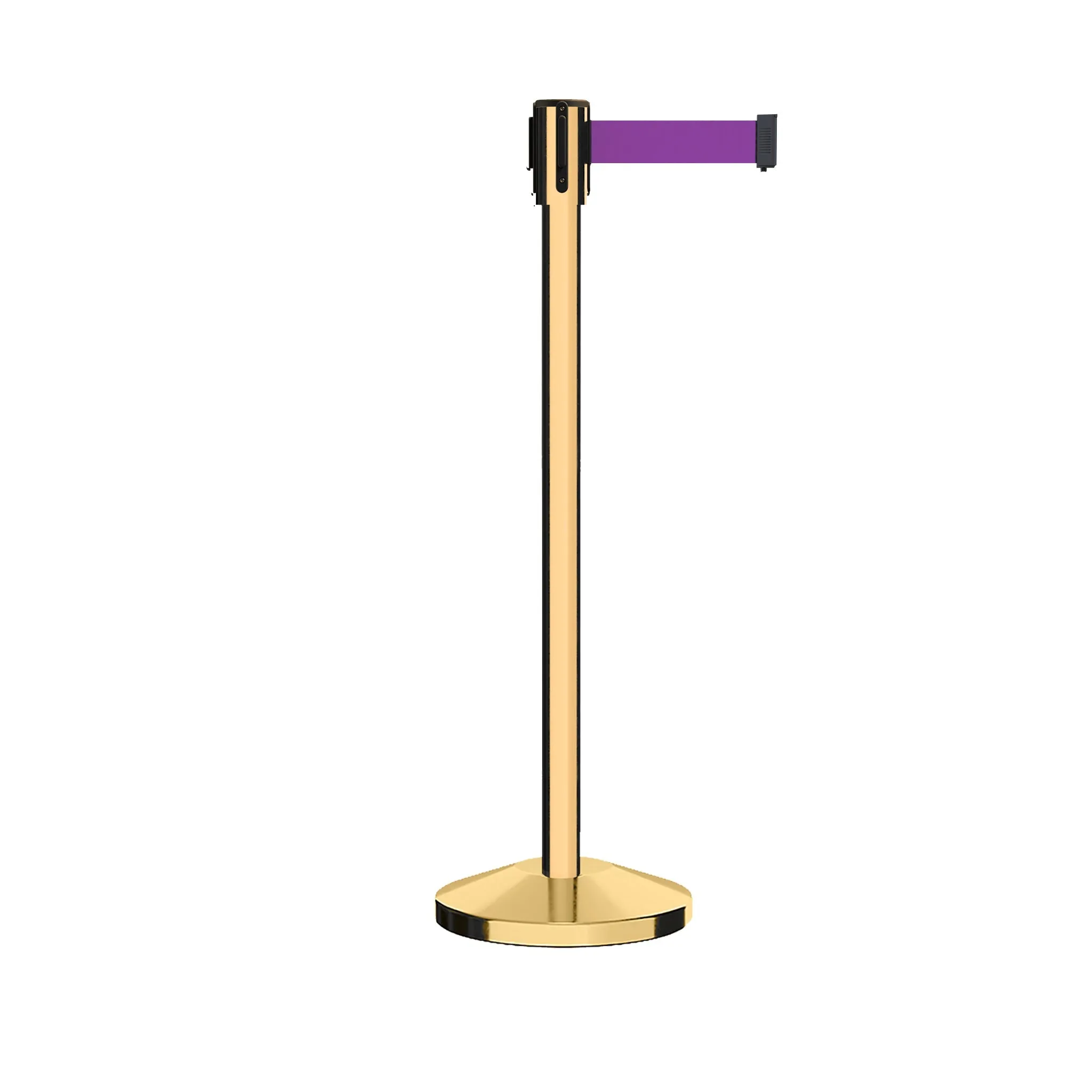 Retractable Belt Barrier Stanchion, Sloped Base, Polished Brass Post, 11 ft Belt - Montour Line M530