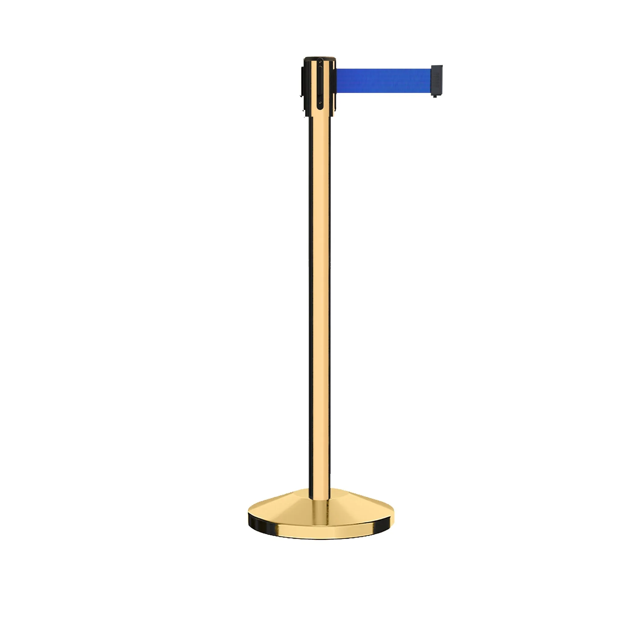 Retractable Belt Barrier Stanchion, Sloped Base, Polished Brass Post, 11 ft Belt - Montour Line M530