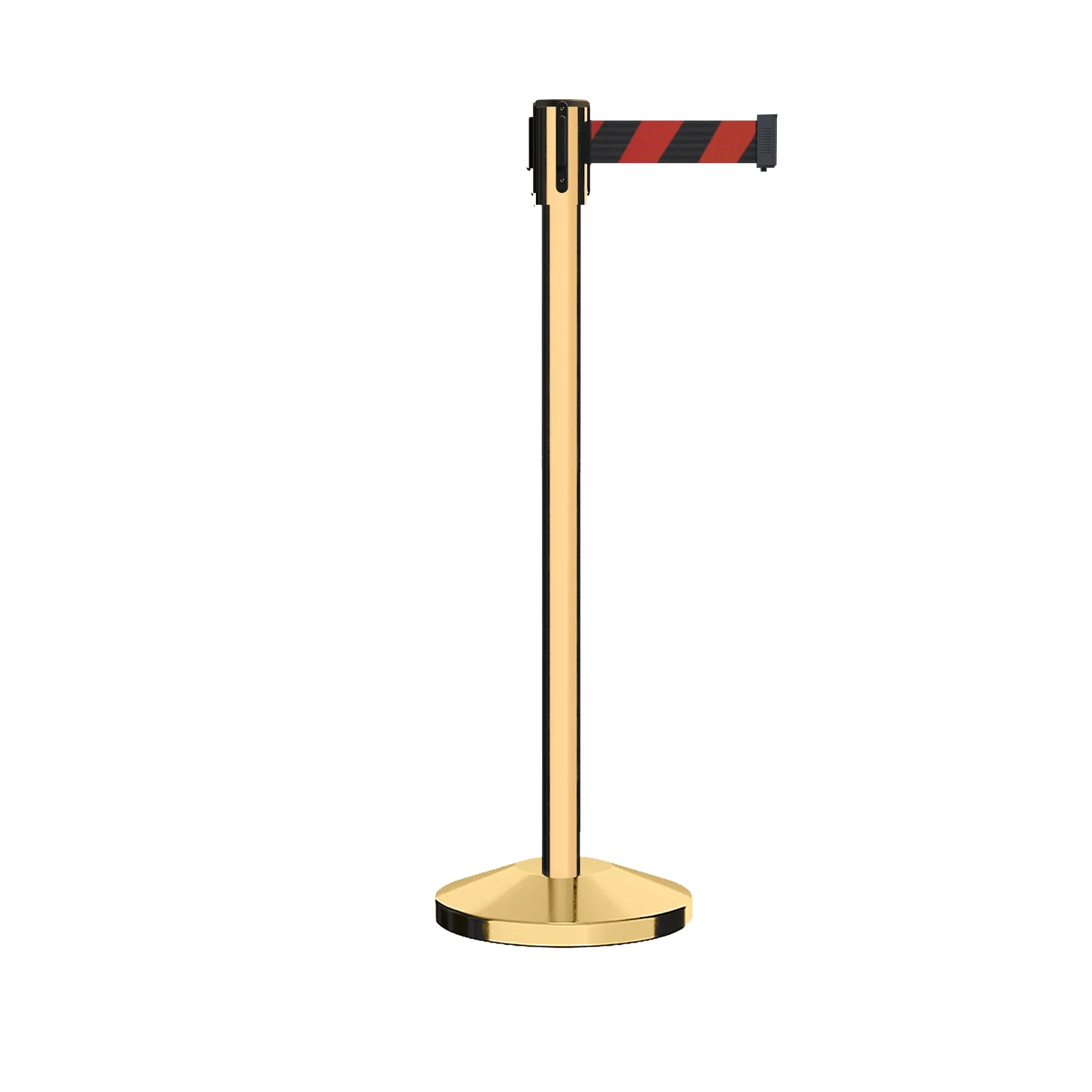 Retractable Belt Barrier Stanchion, Sloped Base, Polished Brass Post, 11 ft Belt - Montour Line M530