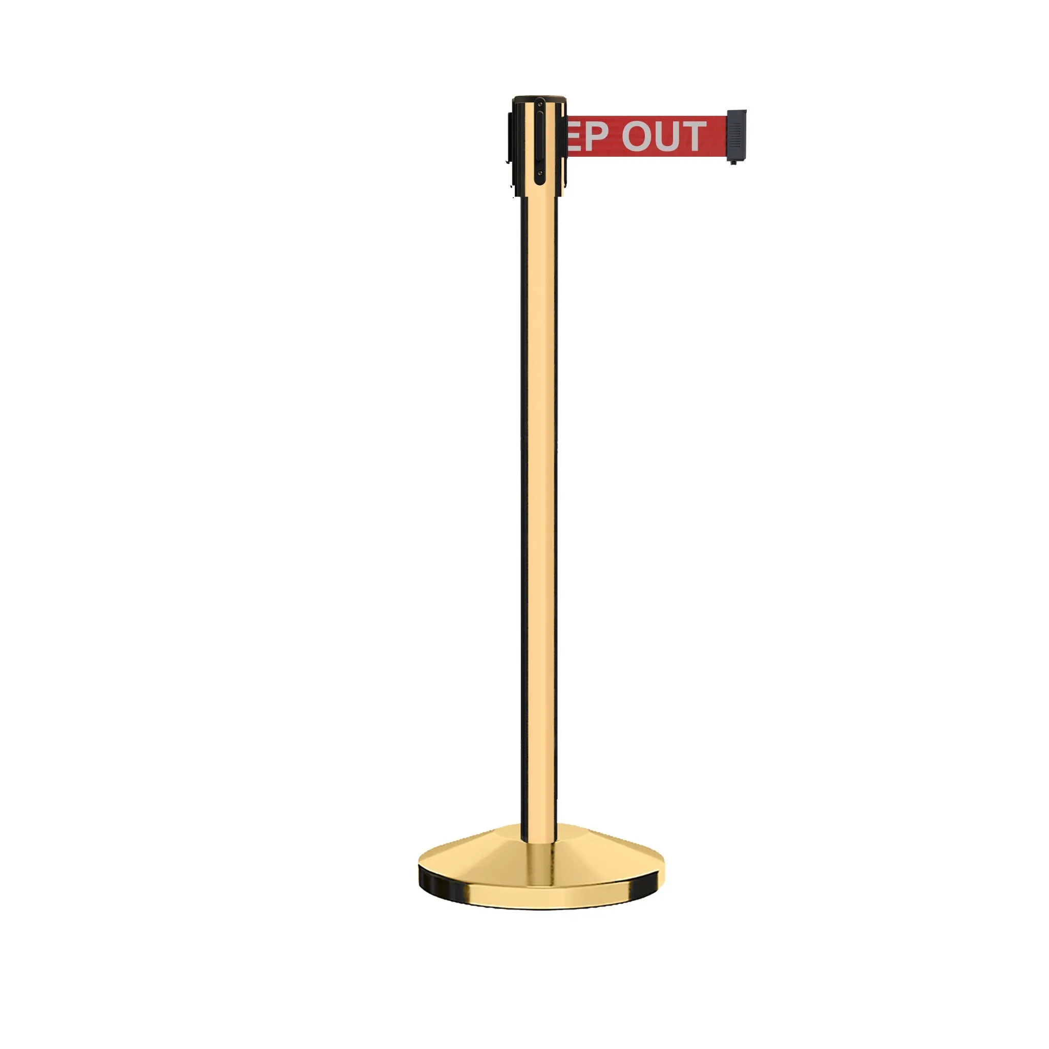 Retractable Belt Barrier Stanchion, Sloped Base, Polished Brass Post, 11 ft Belt - Montour Line M530