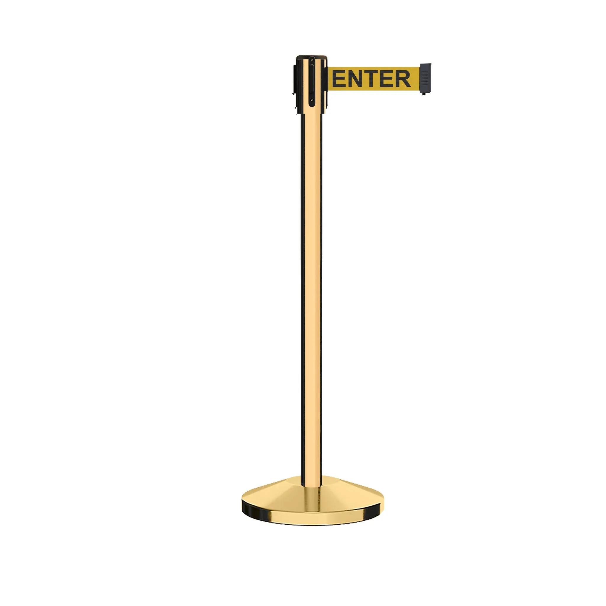 Retractable Belt Barrier Stanchion, Sloped Base, Polished Brass Post, 11 ft Belt - Montour Line M530
