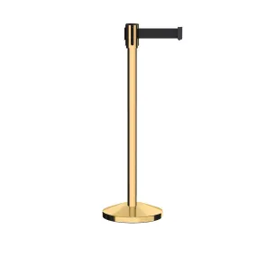 Retractable Belt Barrier Stanchion, Sloped Base, Polished Brass Post, 11 ft Belt - Montour Line M530