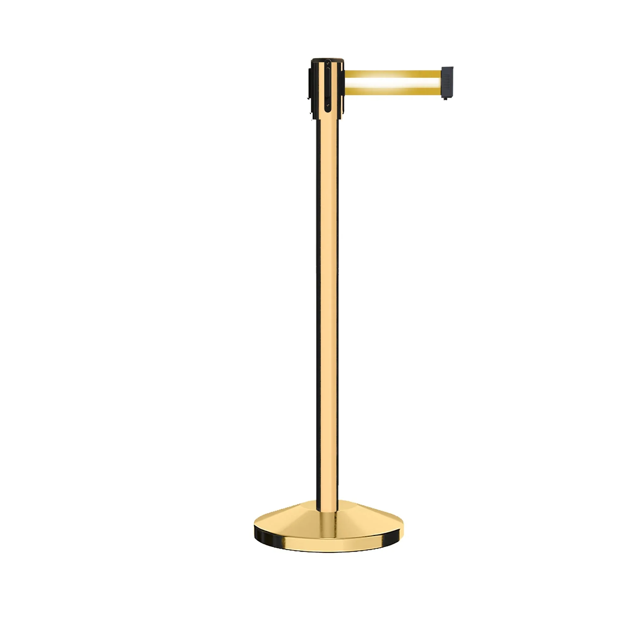 Retractable Belt Barrier Stanchion, Sloped Base, Polished Brass Post, 11 ft Belt - Montour Line M530