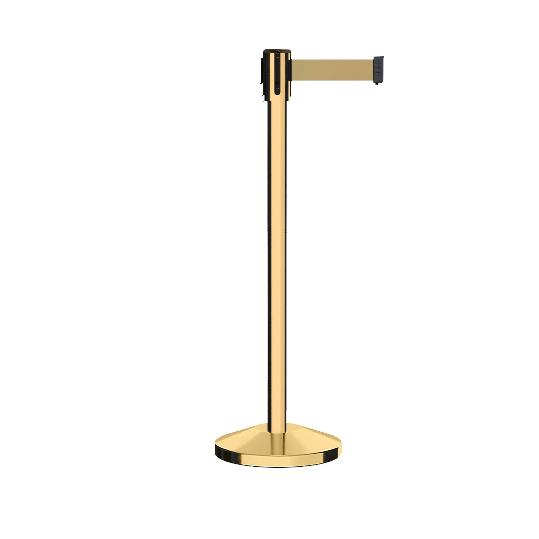 Retractable Belt Barrier Stanchion, Sloped Base, Polished Brass Post, 11 ft Belt - Montour Line M530