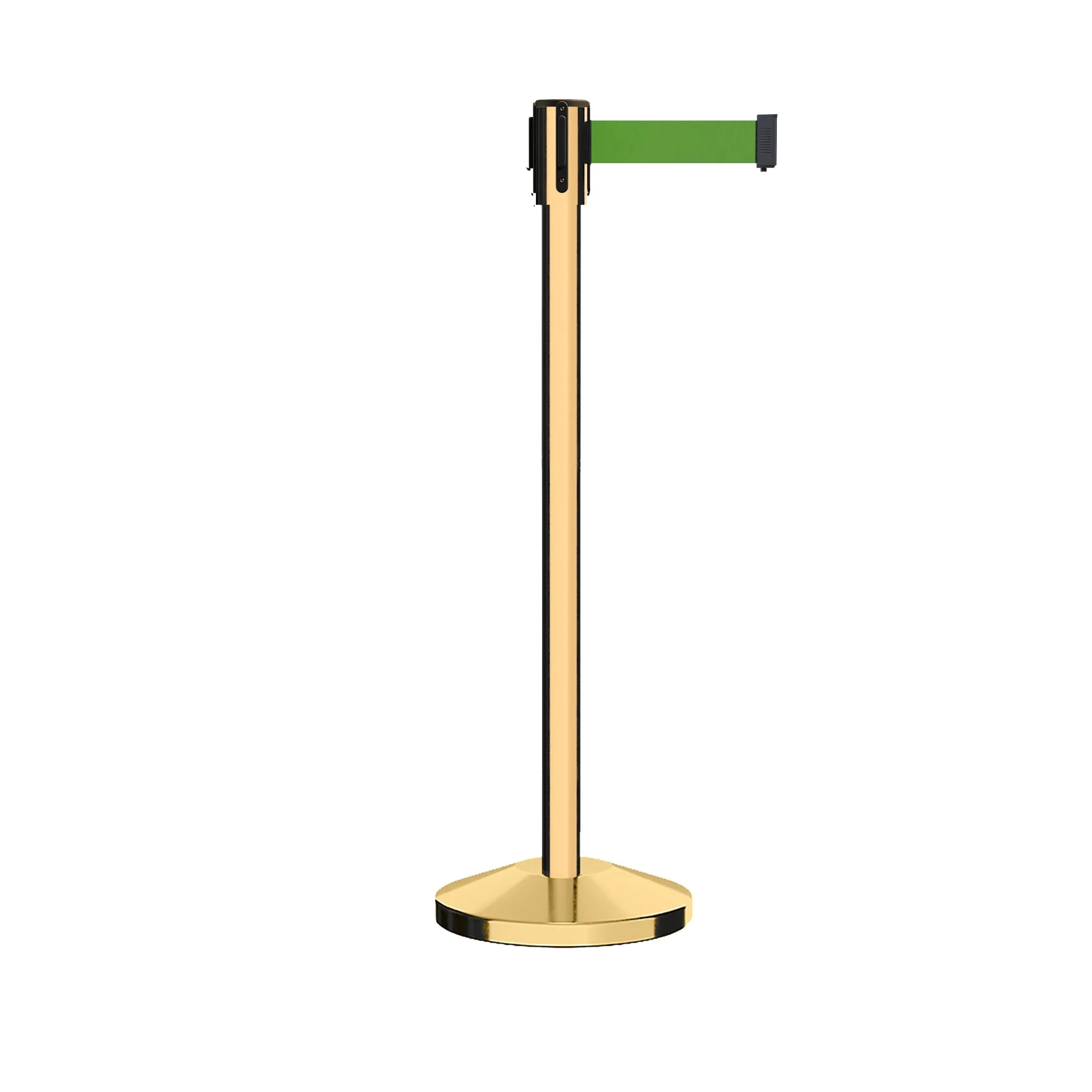 Retractable Belt Barrier Stanchion, Sloped Base, Polished Brass Post, 11 ft Belt - Montour Line M530
