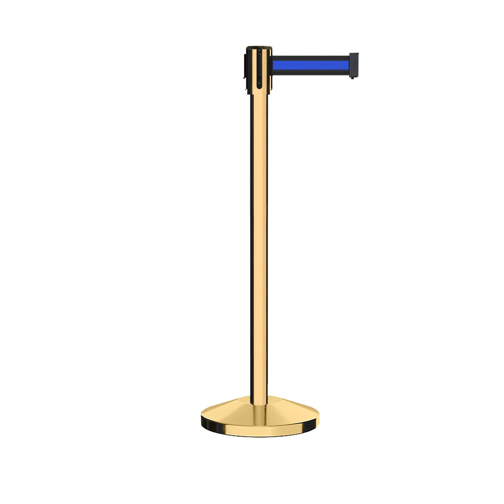Retractable Belt Barrier Stanchion, Sloped Base, Polished Brass Post, 11 ft Belt - Montour Line M530