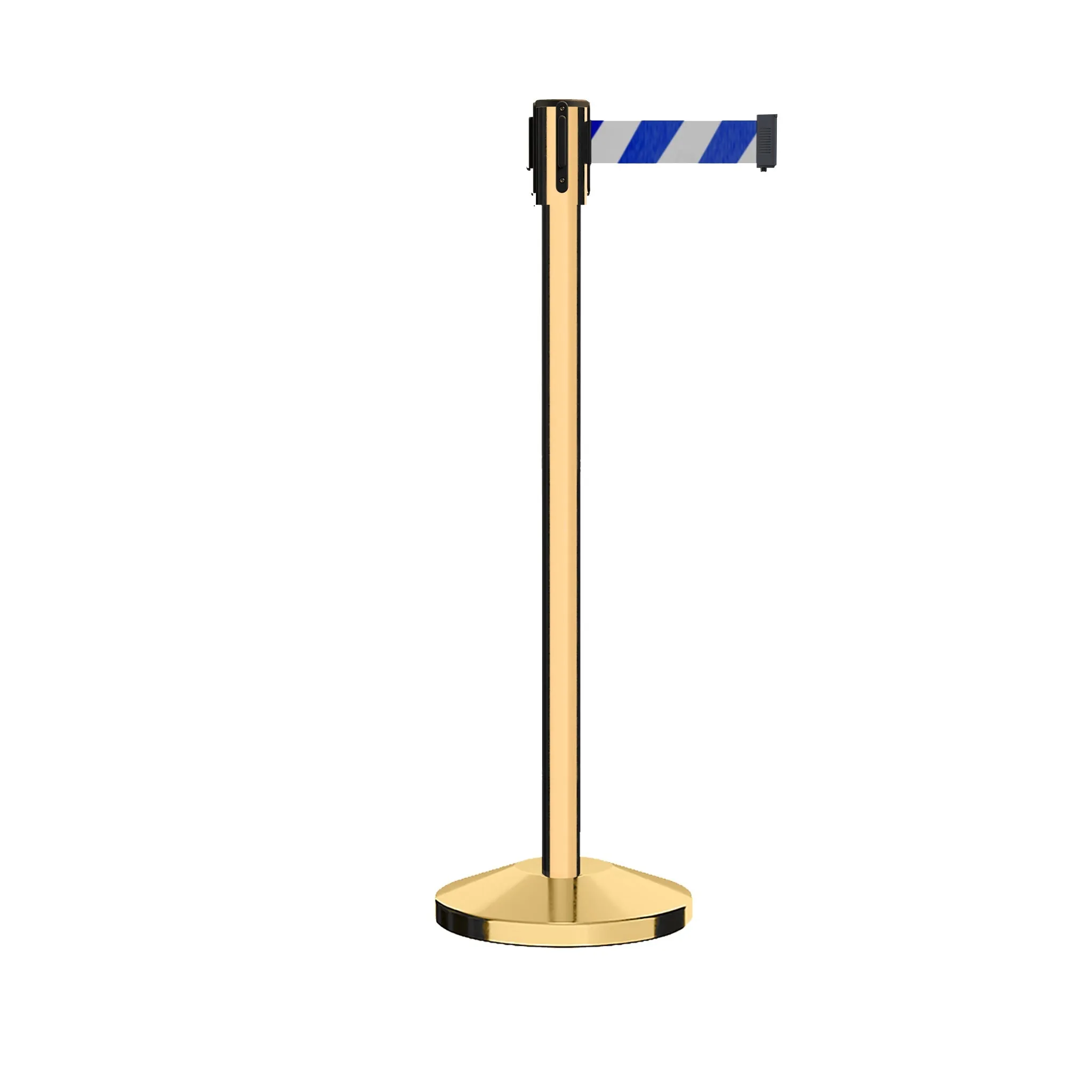 Retractable Belt Barrier Stanchion, Sloped Base, Polished Brass Post, 11 ft Belt - Montour Line M530