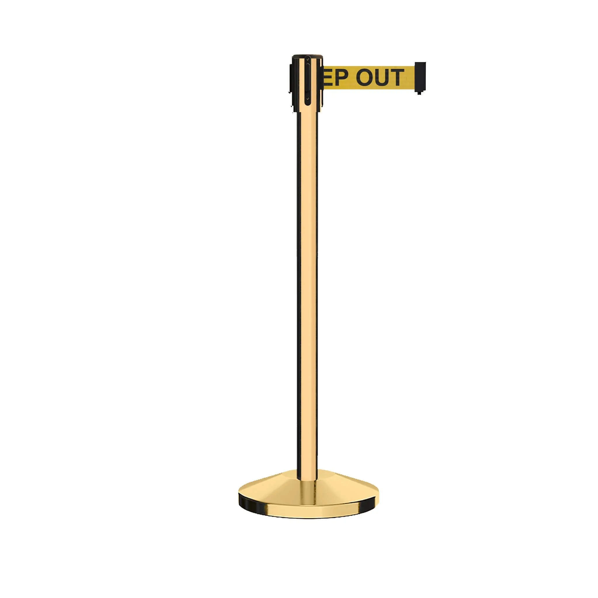 Retractable Belt Barrier Stanchion, Sloped Base, Polished Brass Post, 11 ft Belt - Montour Line M530