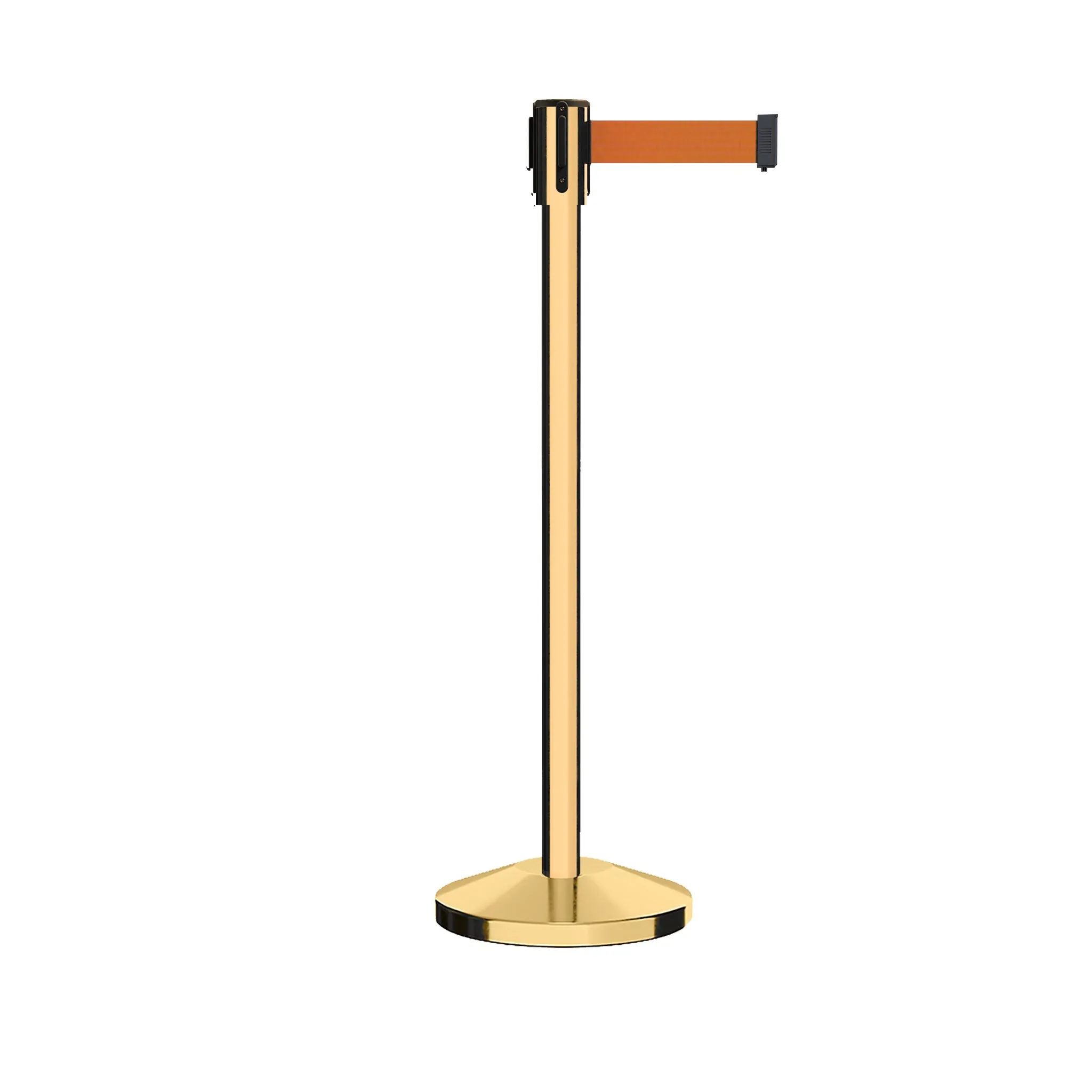 Retractable Belt Barrier Stanchion, Sloped Base, Polished Brass Post, 11 ft Belt - Montour Line M530