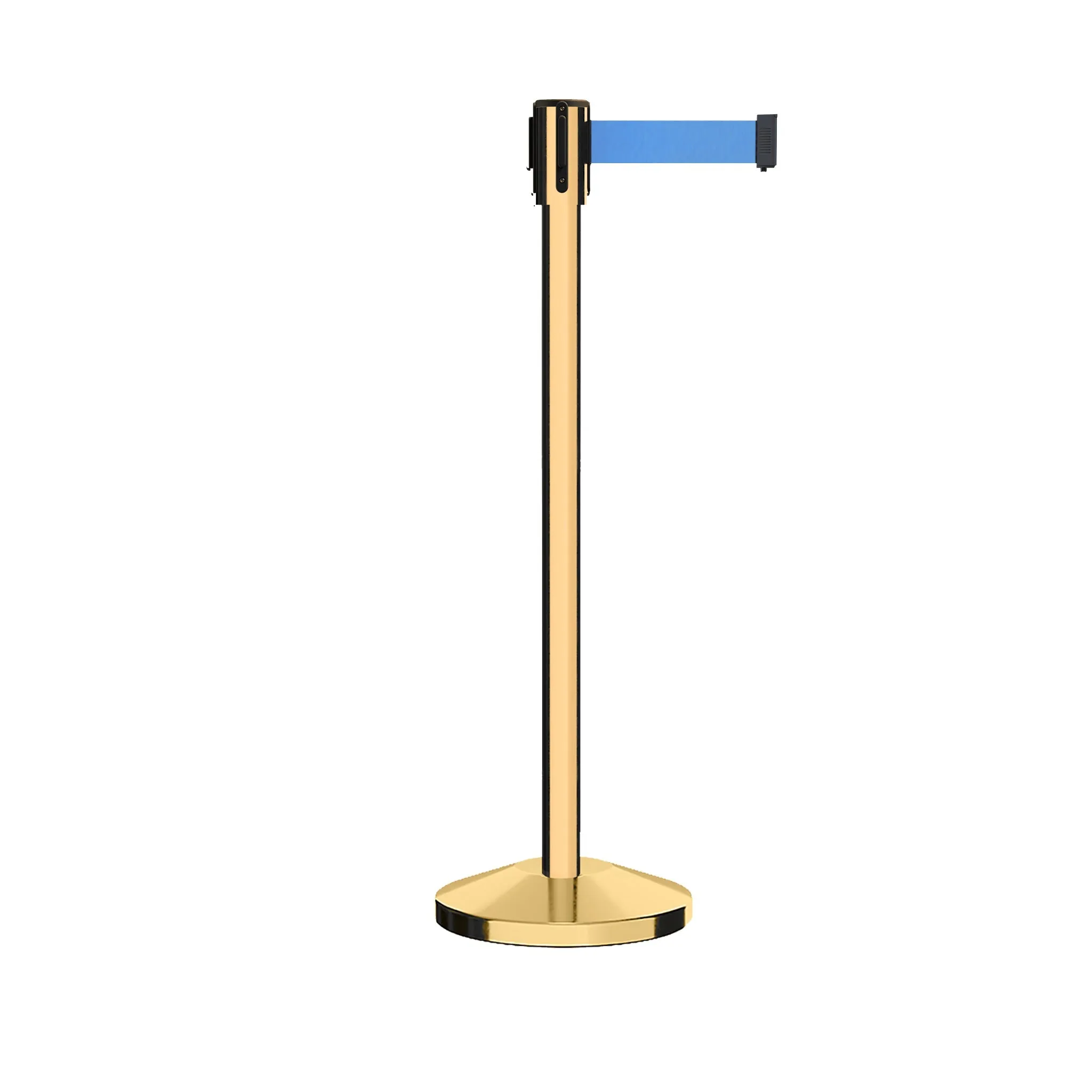 Retractable Belt Barrier Stanchion, Sloped Base, Polished Brass Post, 11 ft Belt - Montour Line M530