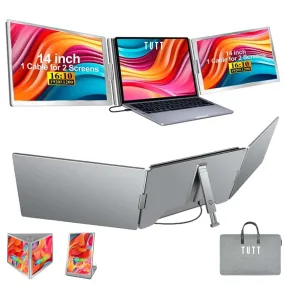 TUTT 14” Dual Portable Laptop Monitor | Single Cable Setup | FHD 1080P Triple Screen Extender | 16:10 | Stand Alone | S688 | 90-Minute Technical Support
