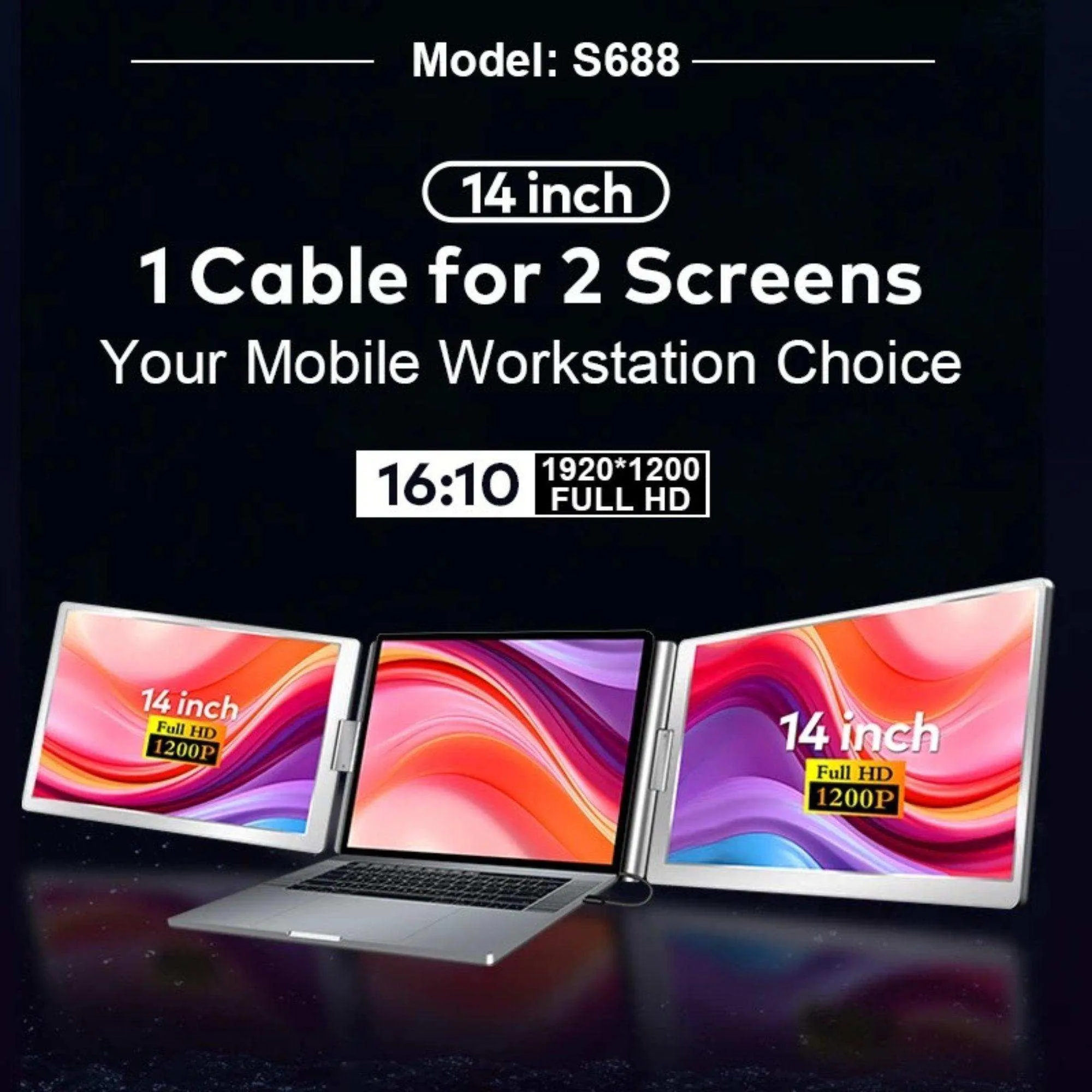 TUTT 14” Dual Portable Laptop Monitor | Single Cable Setup | FHD 1080P Triple Screen Extender | 16:10 | Stand Alone | S688 | 90-Minute Technical Support