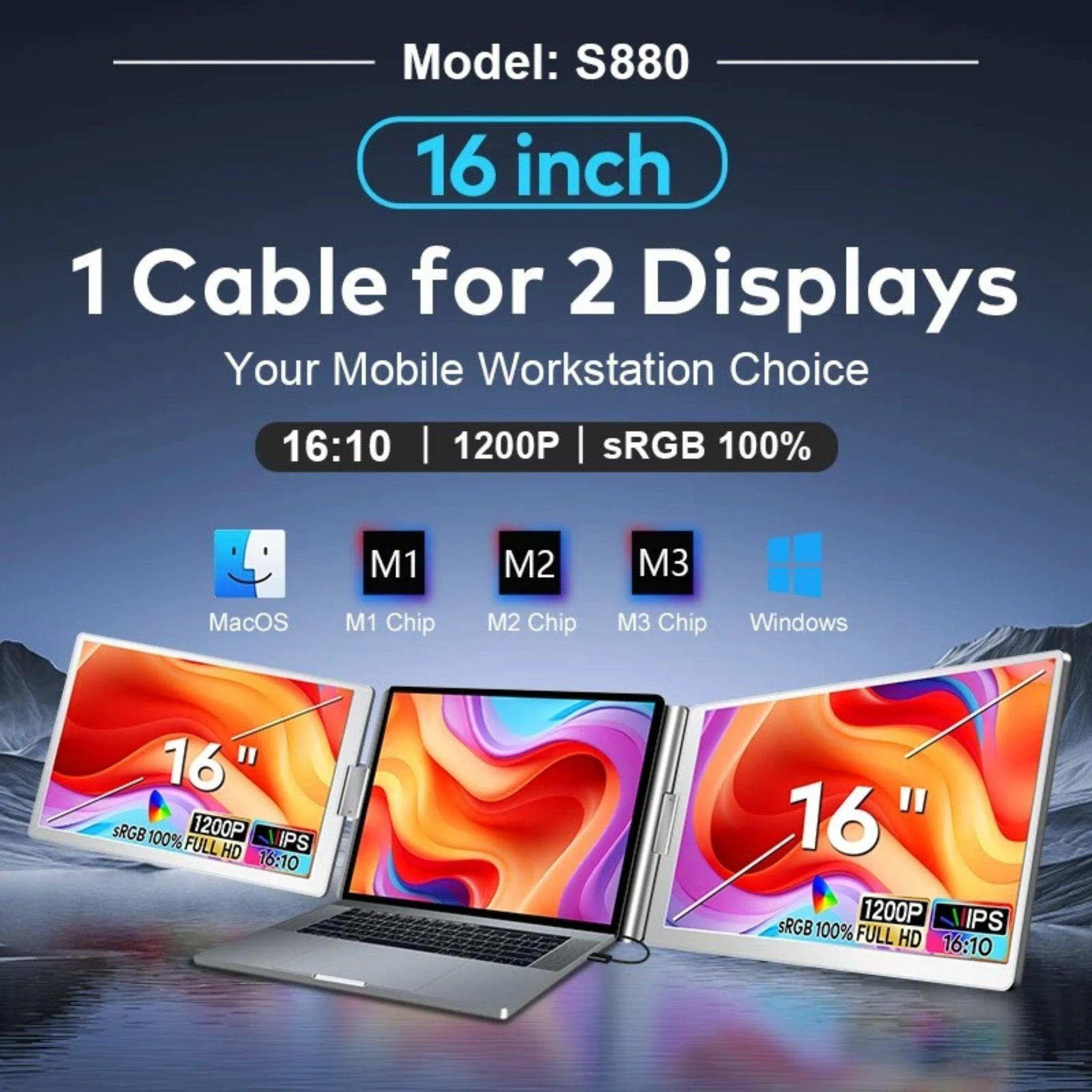 TUTT 16” Dual Portable Laptop Monitor | Single Cable Setup | FHD 1080P Triple Screen Extender | 16:10 | Stand Alone | S880 | 90-Minute Technical Support