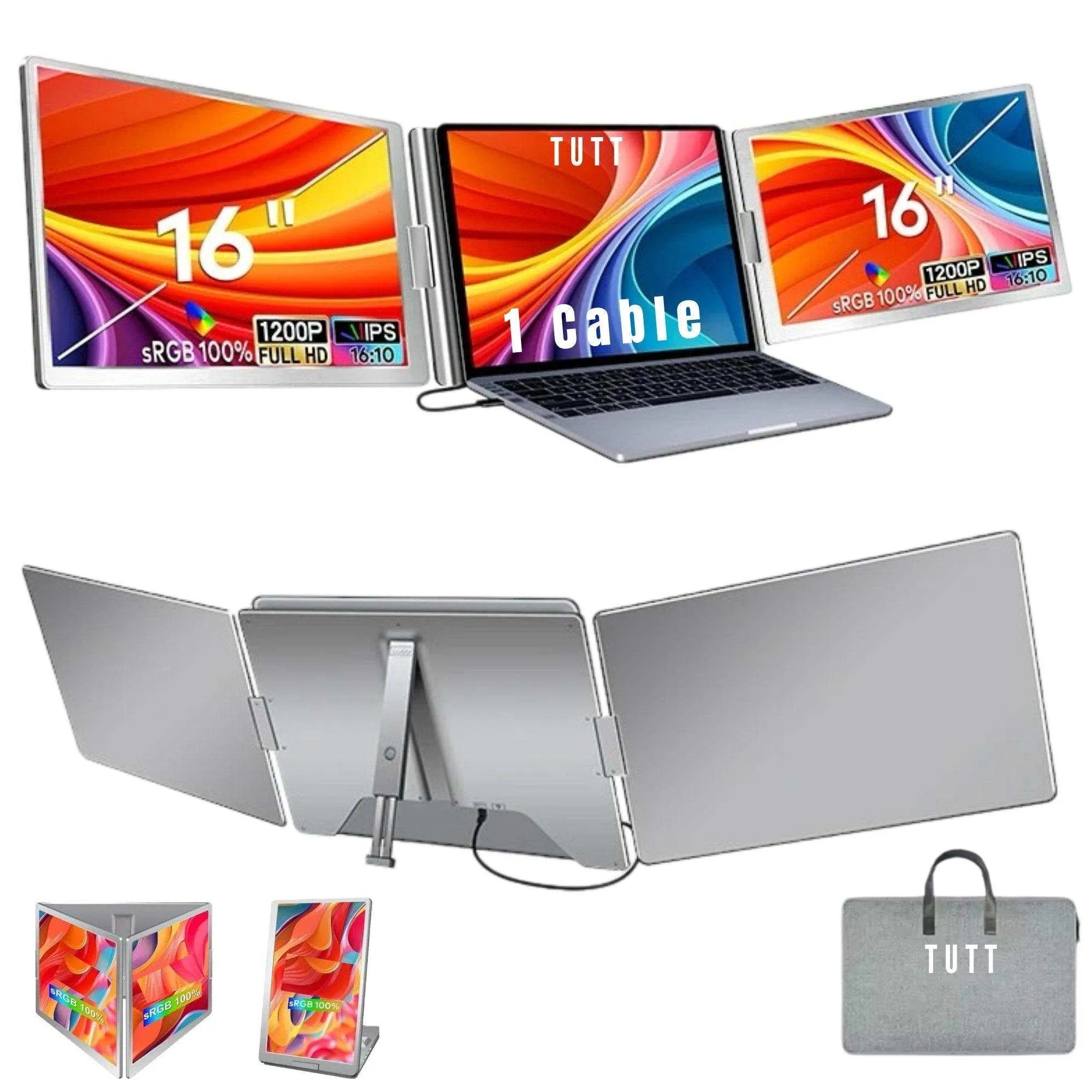 TUTT 16” Dual Portable Laptop Monitor | Single Cable Setup | FHD 1080P Triple Screen Extender | 16:10 | Stand Alone | S880 | 90-Minute Technical Support