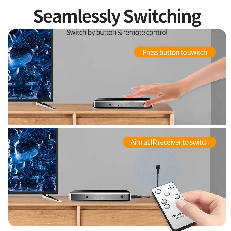 Unnlink HDMI Switch 3x1 5x1 4K@60Hz 4:4:4 HDCP 2.2 HDR for Smart LED TV MI Box3 PS3 PS4 Pro