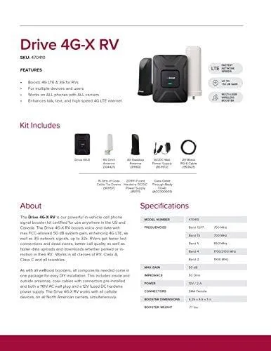 weBoost Drive 4G-X RV 470410 Cell Phone Signal Booster for Your RV or Motorhome - Verizon, AT&T, T-Mobile, Sprint - Enhance Your Cell Phone Signal up to 32x
